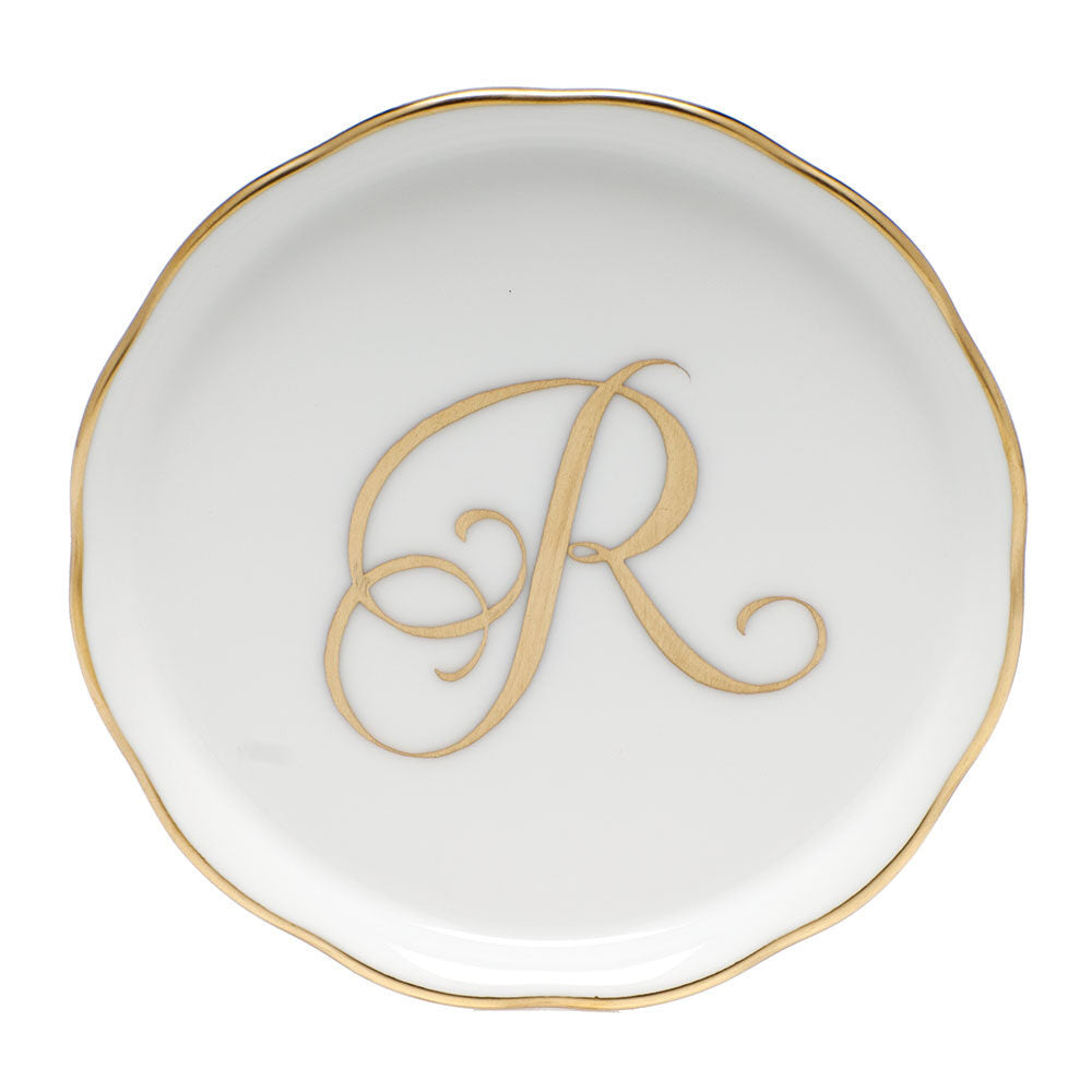 Hand-painted Herend Coaster with Monogram in fine porcelain, 4in D, on a white background, Monogram R