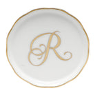 Hand-painted Herend Coaster with Monogram in fine porcelain, 4in D, on a white background, Monogram R