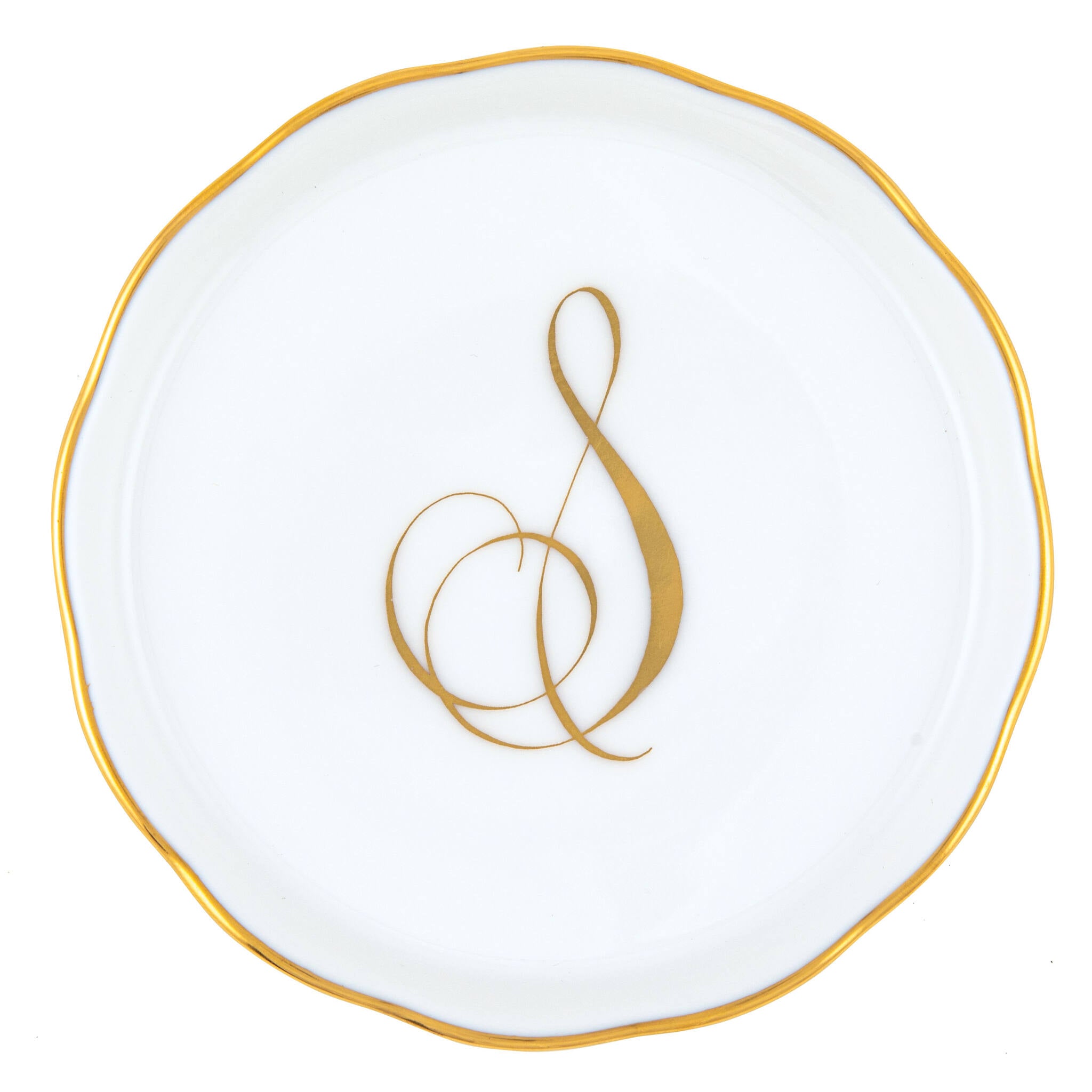 Hand-painted Herend Coaster with Monogram in fine porcelain, 4in D, on a white background, Monogram S