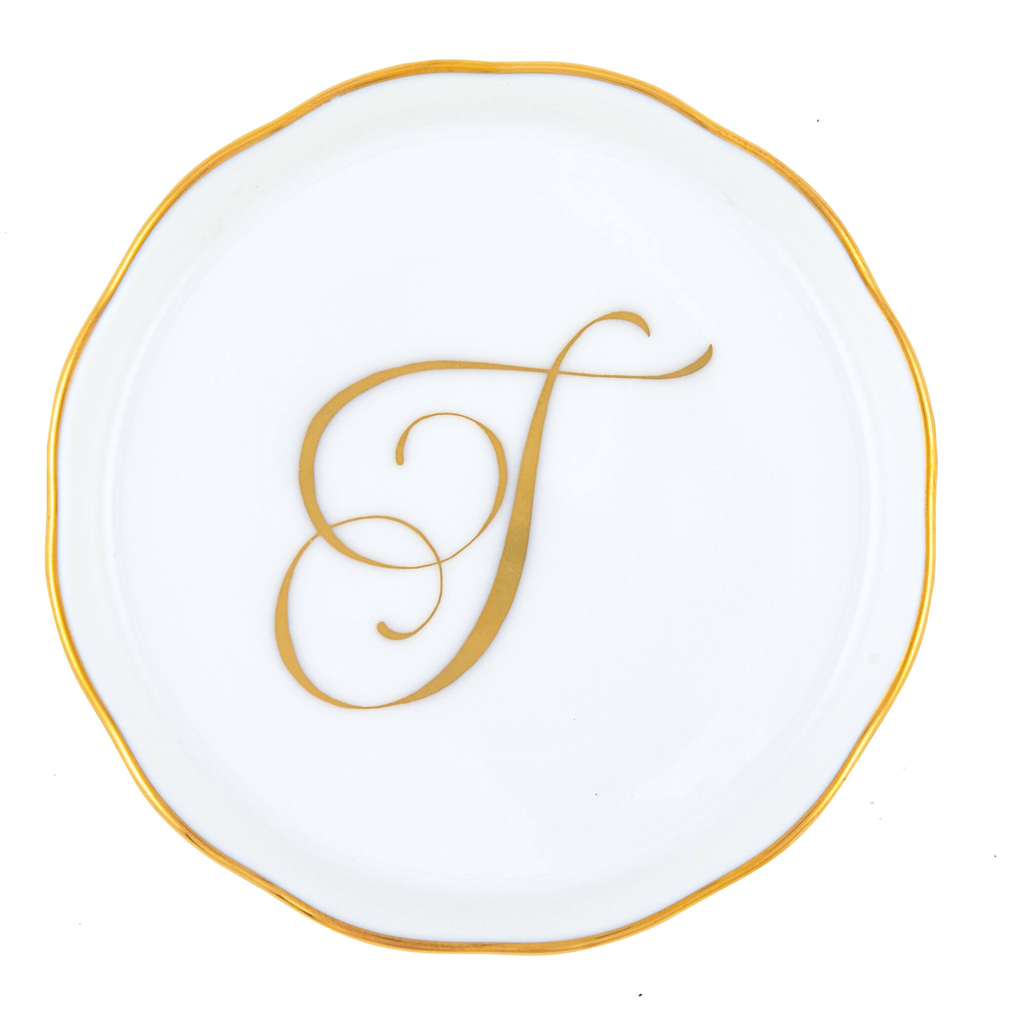 Hand-painted Herend Coaster with Monogram in fine porcelain, 4in D, on a white background, Monogram T
