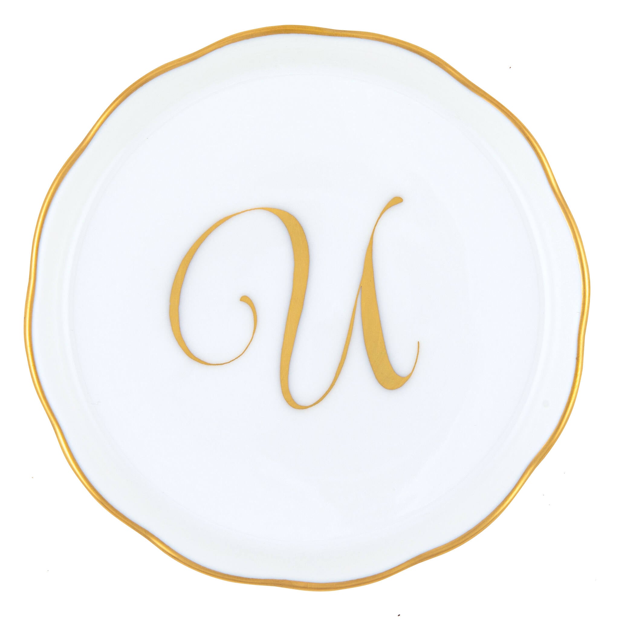 Hand-painted Herend Coaster with Monogram in fine porcelain, 4in D, on a white background, Monogram U