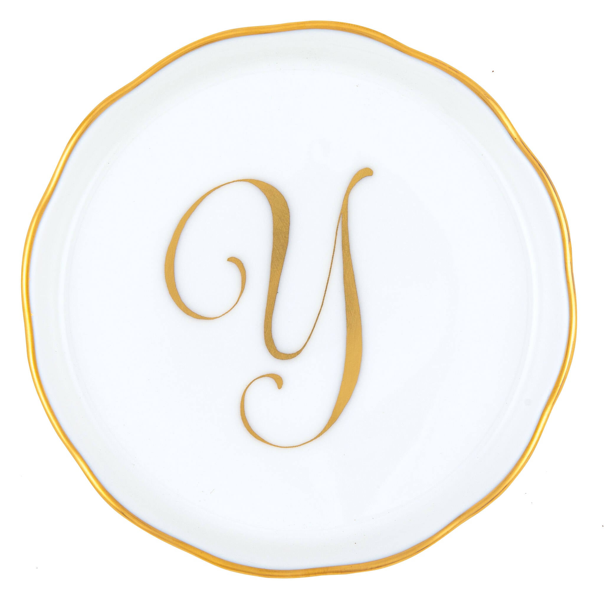 Hand-painted Herend Coaster with Monogram in fine porcelain, 4in D, on a white background, Monogram Y