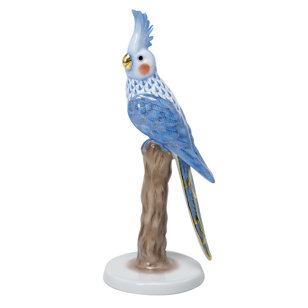 Hand-painted Herend Cockatiel Figurine in Blue fishnet porcelain on a white background