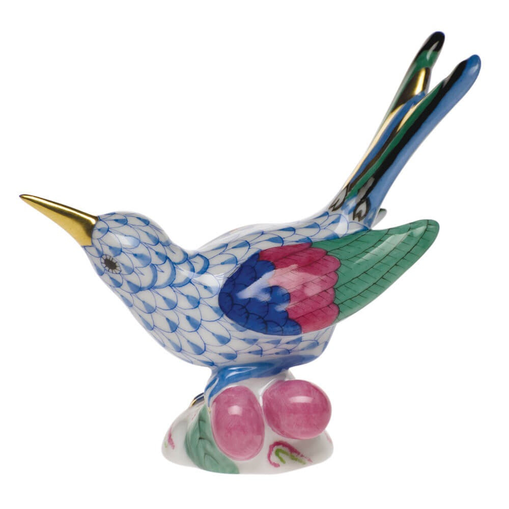 Hand-painted Herend Colibri Figurine in fine porcelain, 4in H, on a white background