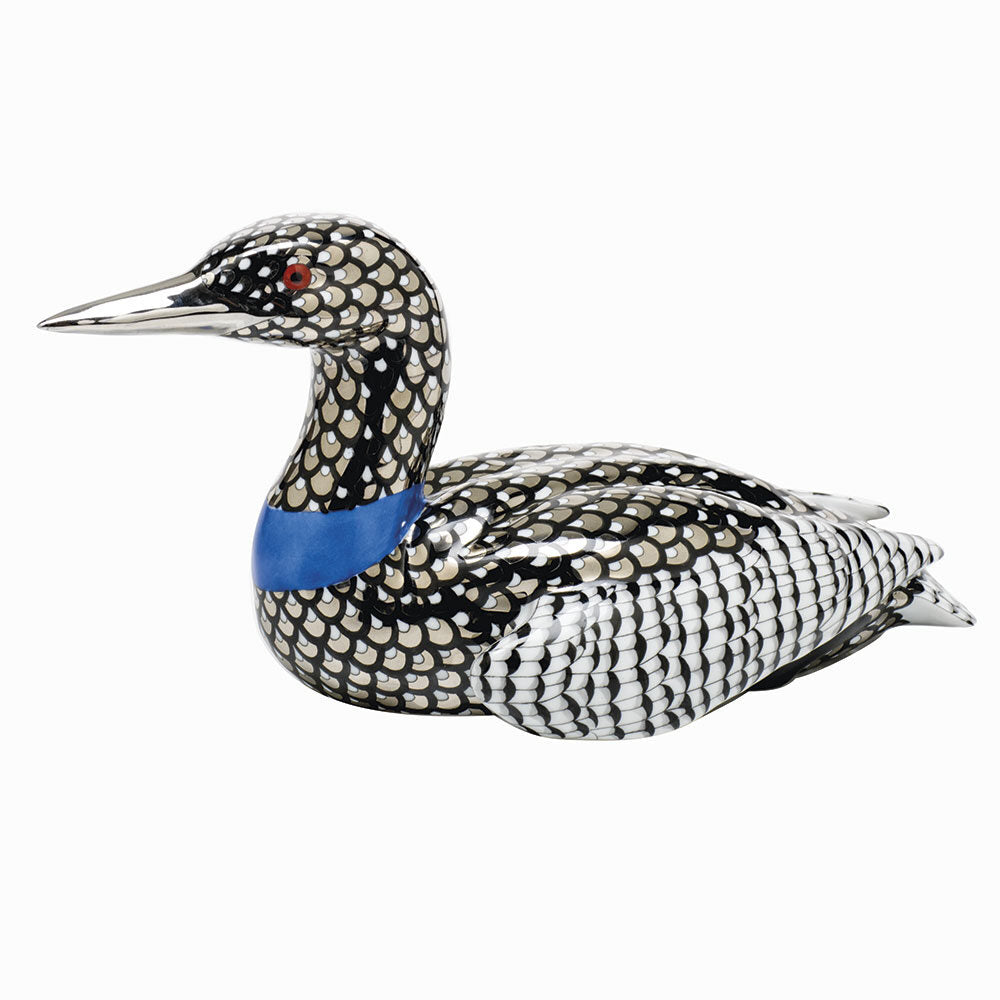 Hand-painted Herend Common Loon Figurine in fine porcelain, 10.5in L X 4.75in H, on a white background