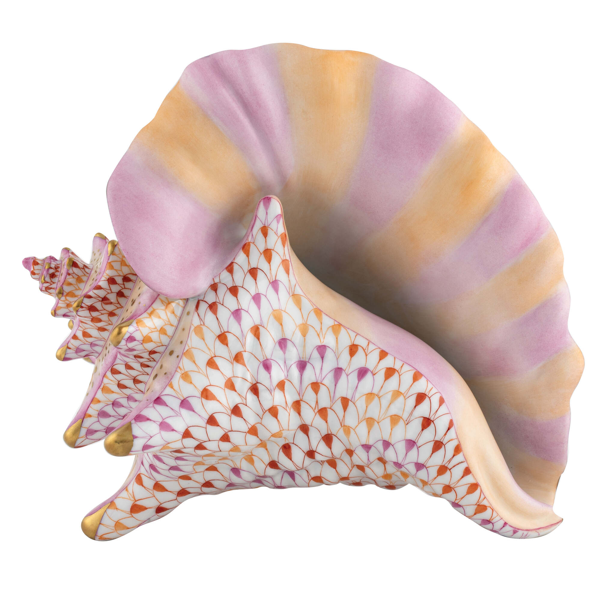 Hand-painted Herend Conch Shell Figurine in fine porcelain, 6.5in L X 5.25in W X 6.25in H, on a white background