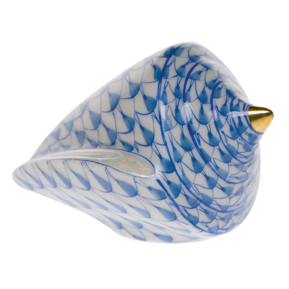Hand-painted Herend Cone Shell Figurine in Blue fishnet porcelain on a white background