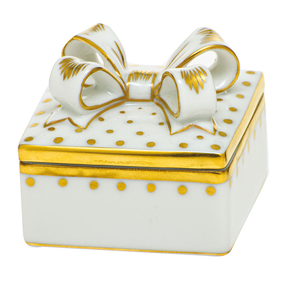 Hand-painted Herend Connect the Dots Box with Bow in fine porcelain, 2in L X 1.75in H, on a white background