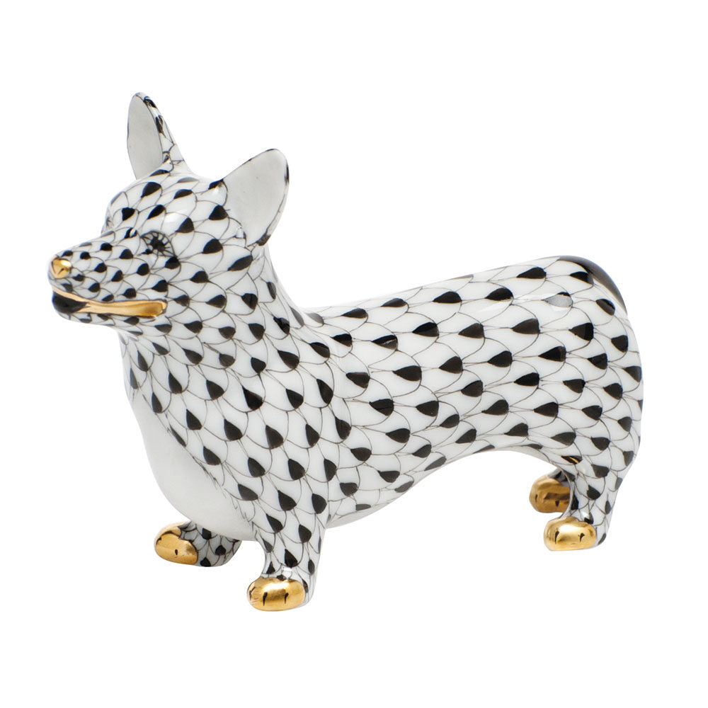 Herend Corgi Figurine porcelain figurine painted in the Black fishnet pattern