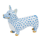 Hand-painted Herend Corgi Figurine in Blue fishnet porcelain on a white background