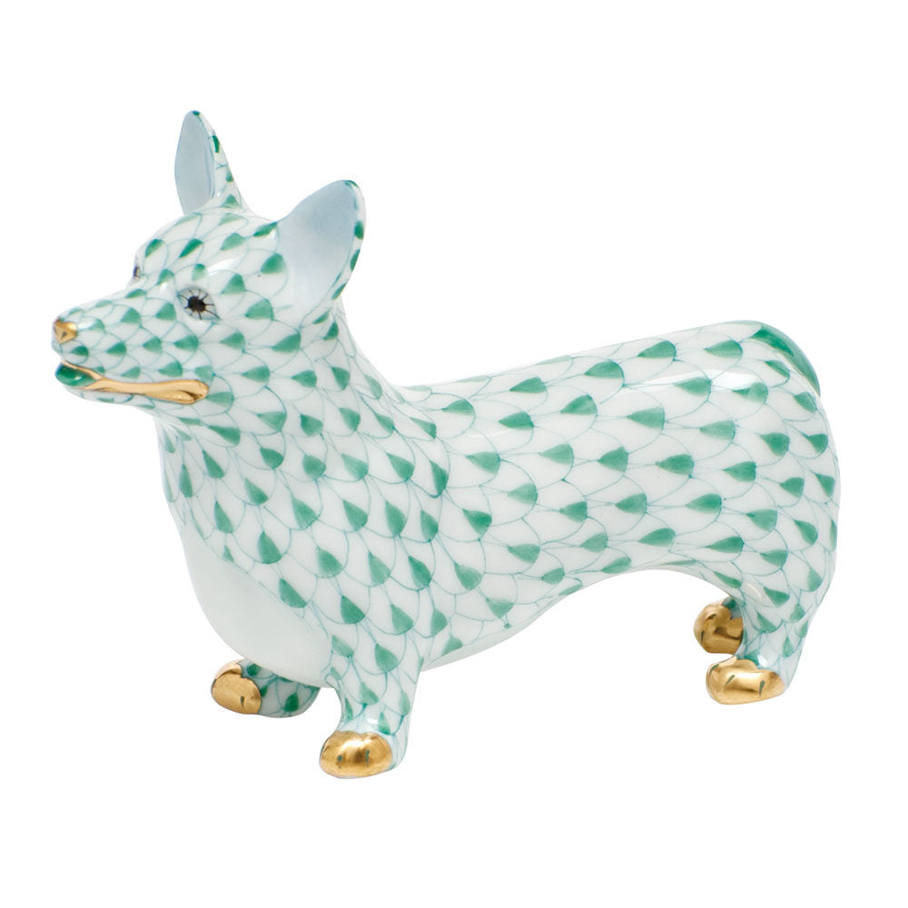 Hand-painted Herend Corgi Figurine in Green fishnet porcelain on a white background