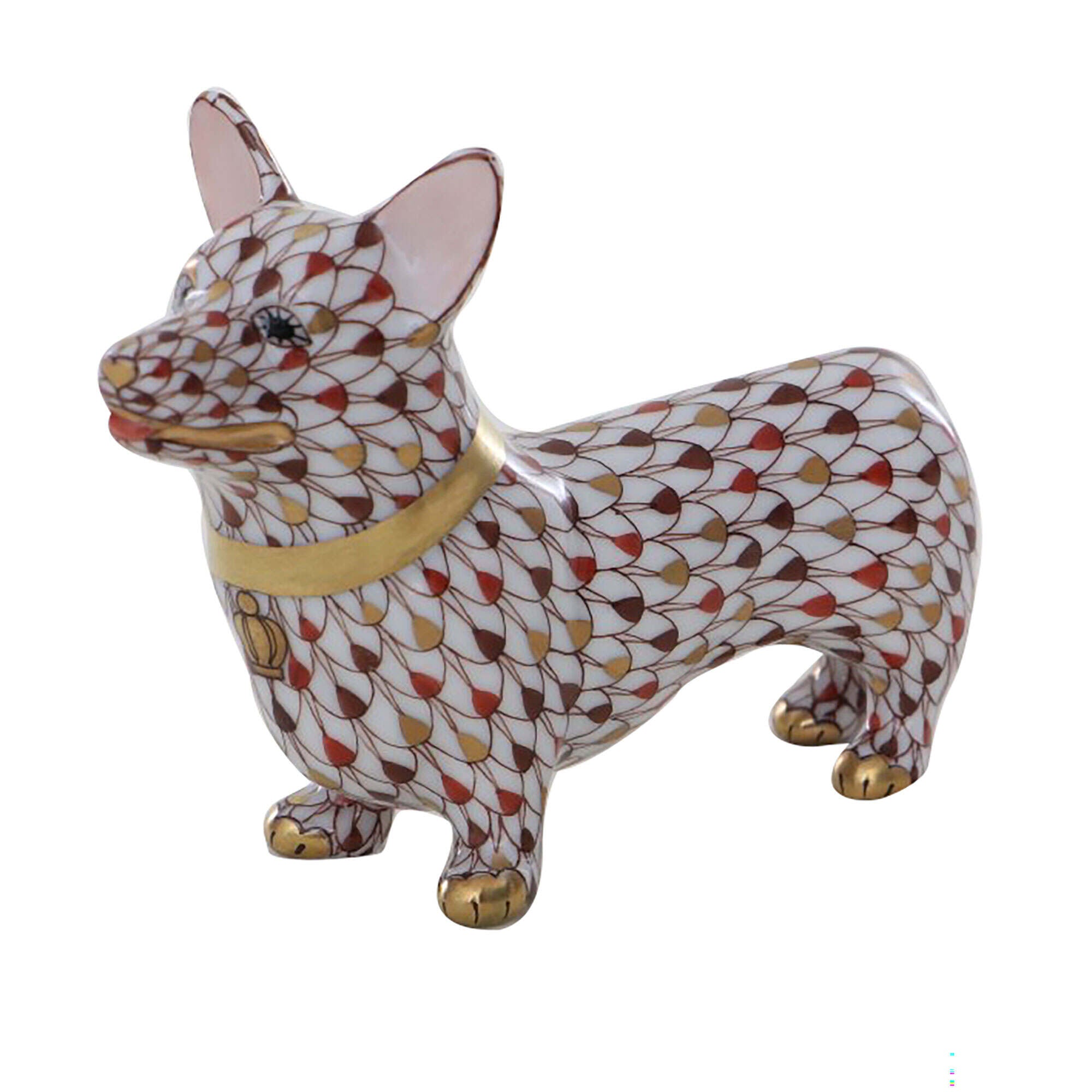 Hand-painted Herend Corgi Figurine in Multicolor fishnet porcelain on a white background