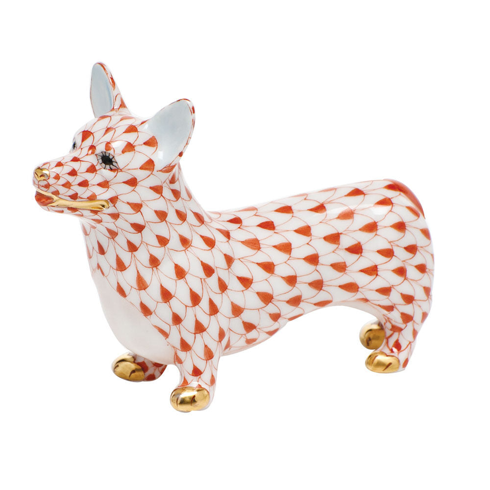 Rust fishnet Corgi Figurine figurine, hand-painted Herend porcelain with 24k gold accents