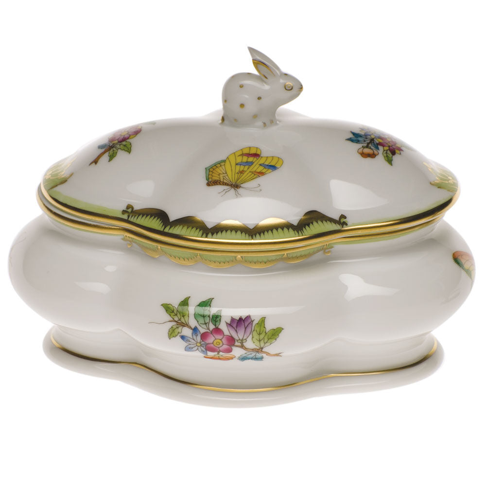 Hand-painted Herend Covered Bonbon with Bunny Candy Dish in fine porcelain, 5in L X 4in H, on a white background