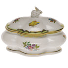 Hand-painted Herend Covered Bonbon with Bunny Candy Dish in fine porcelain, 5in L X 4in H, on a white background