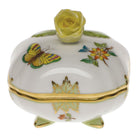 Hand-painted Herend Covered Bonbon with Rose Candy Dish in fine porcelain, 3in SQ, on a white background