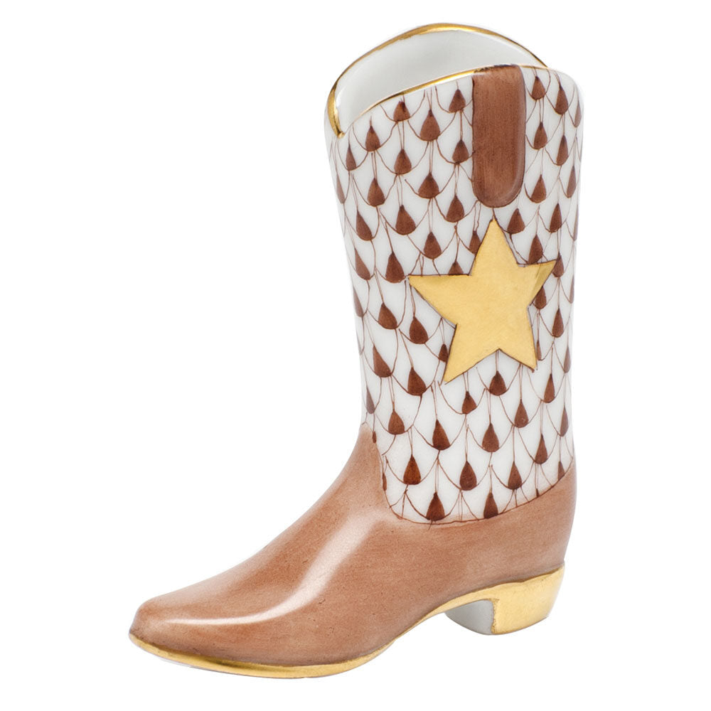 Hand-painted Herend Cowboy Boot Figurine in Chocolate fishnet porcelain on a white background