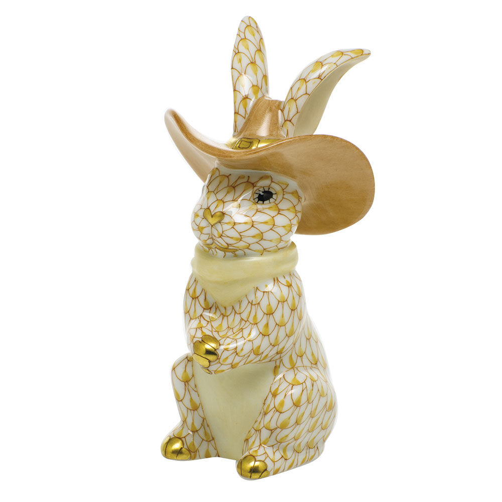 Butterscotch fishnet Cowboy Bunny Figurine figurine, hand-painted Herend porcelain with 24k gold accents