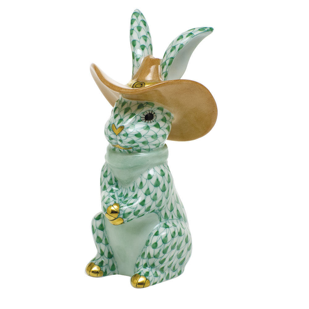 Herend Cowboy Bunny Figurine porcelain figurine painted in the Green fishnet pattern