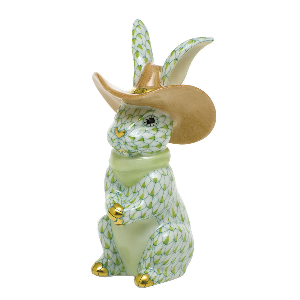 Key Lime fishnet Cowboy Bunny Figurine figurine, hand-painted Herend porcelain with 24k gold accents