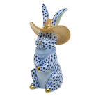 Hand-painted Herend Cowboy Bunny Figurine in Sapphire fishnet porcelain on a white background