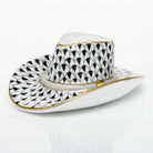 Hand-painted Herend Cowboy Hat Figurine in Black fishnet porcelain on a white background