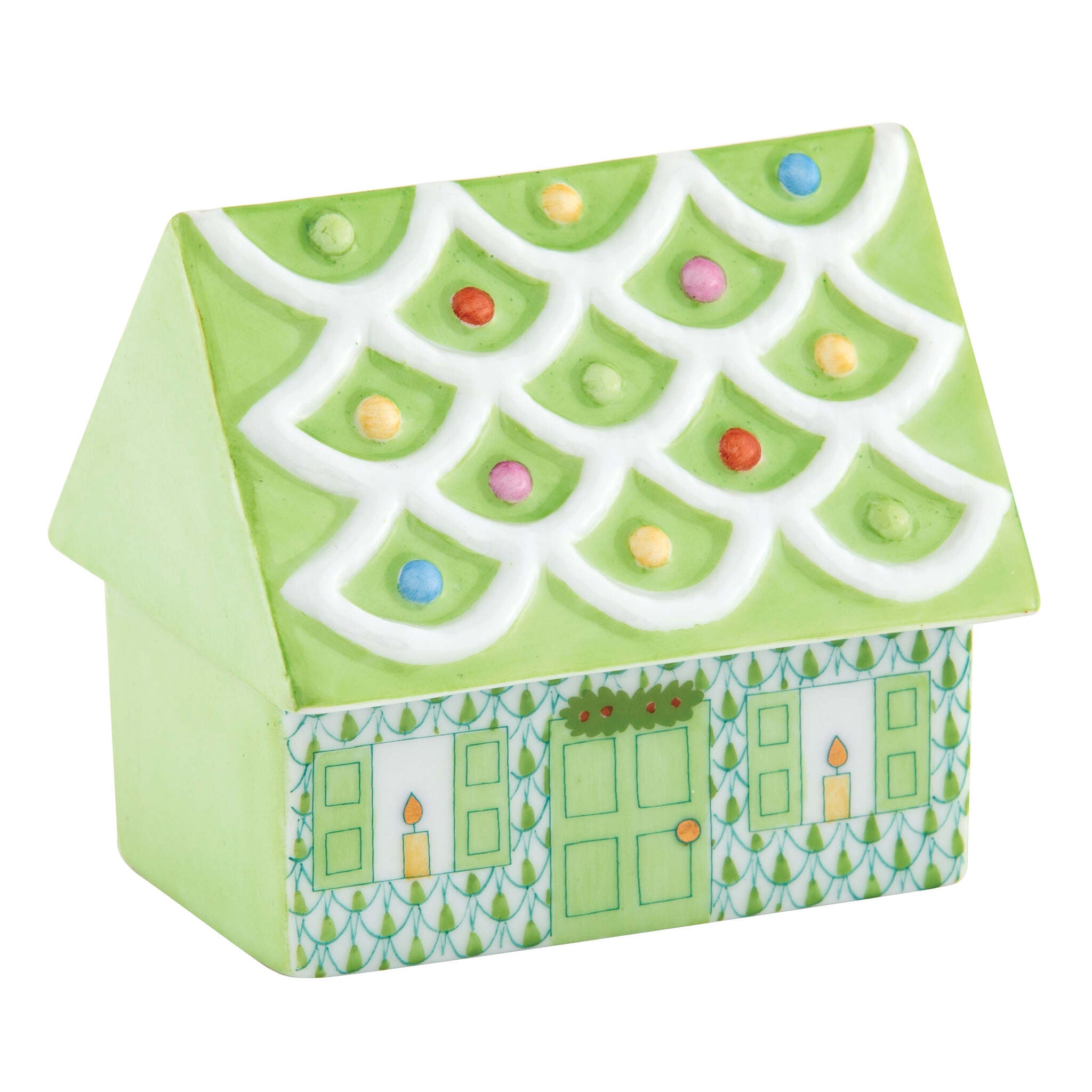 Hand-painted Herend Cozy Gingerbread House Figurine in Key Lime fishnet porcelain on a white background
