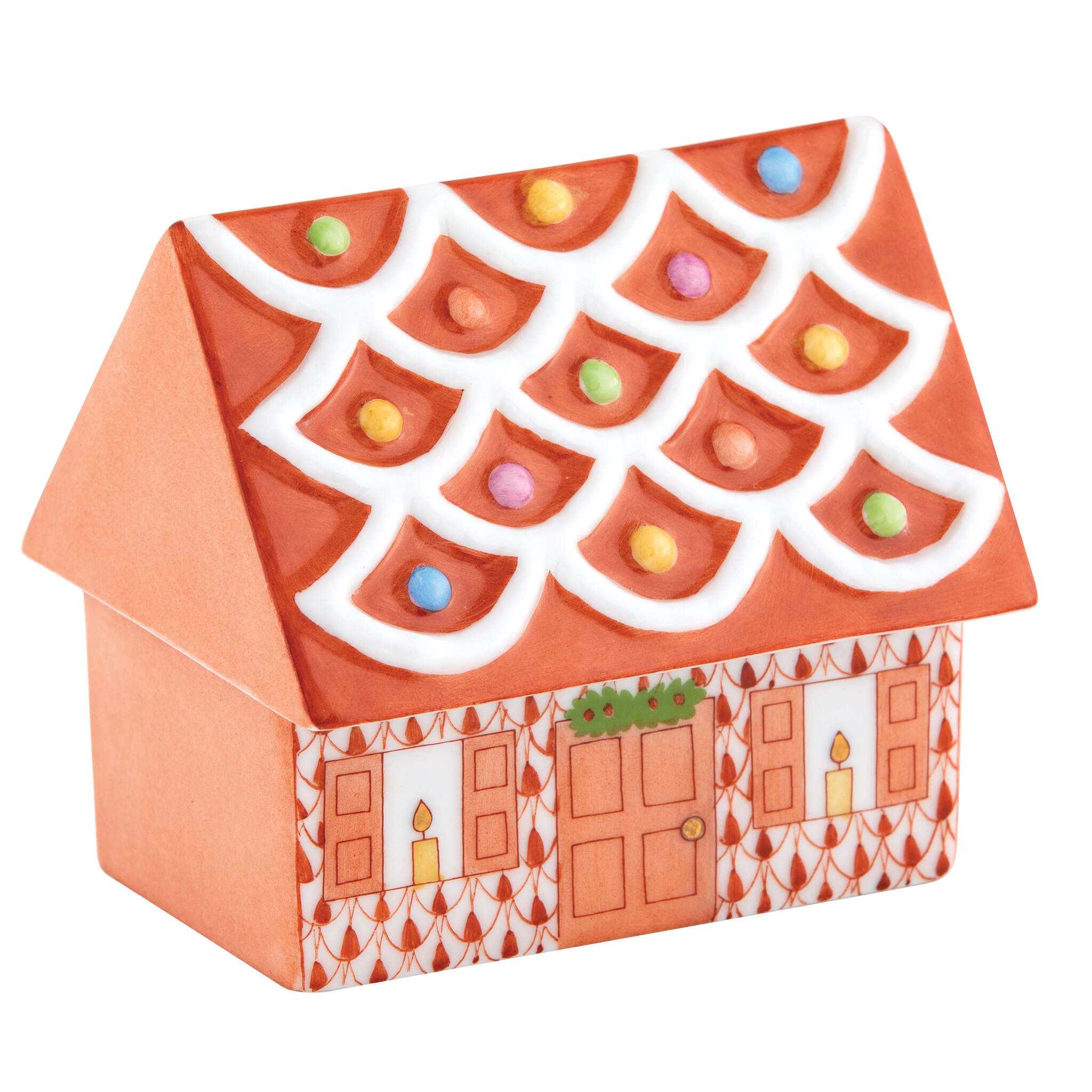 Hand-painted Herend Cozy Gingerbread House Figurine in Rust fishnet porcelain on a white background