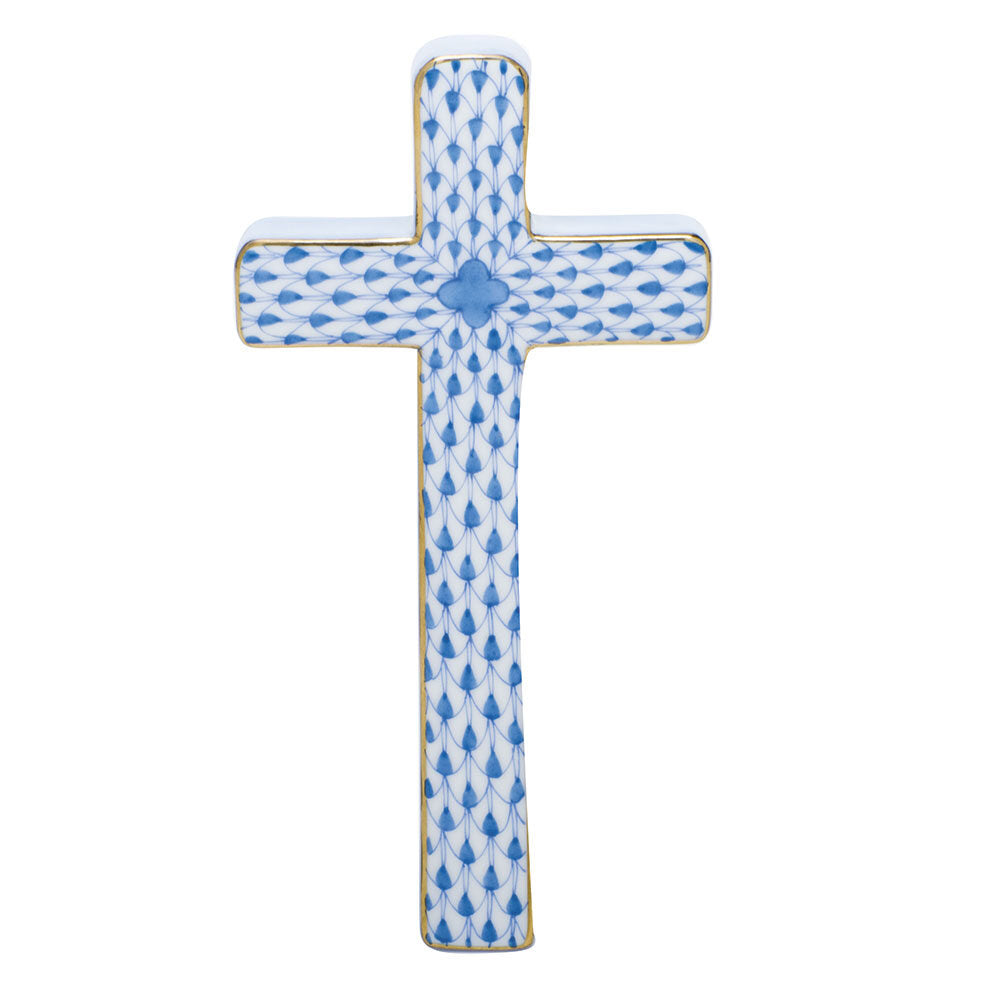 Blue fishnet Cross Figurine figurine, hand-painted Herend porcelain with 24k gold accents