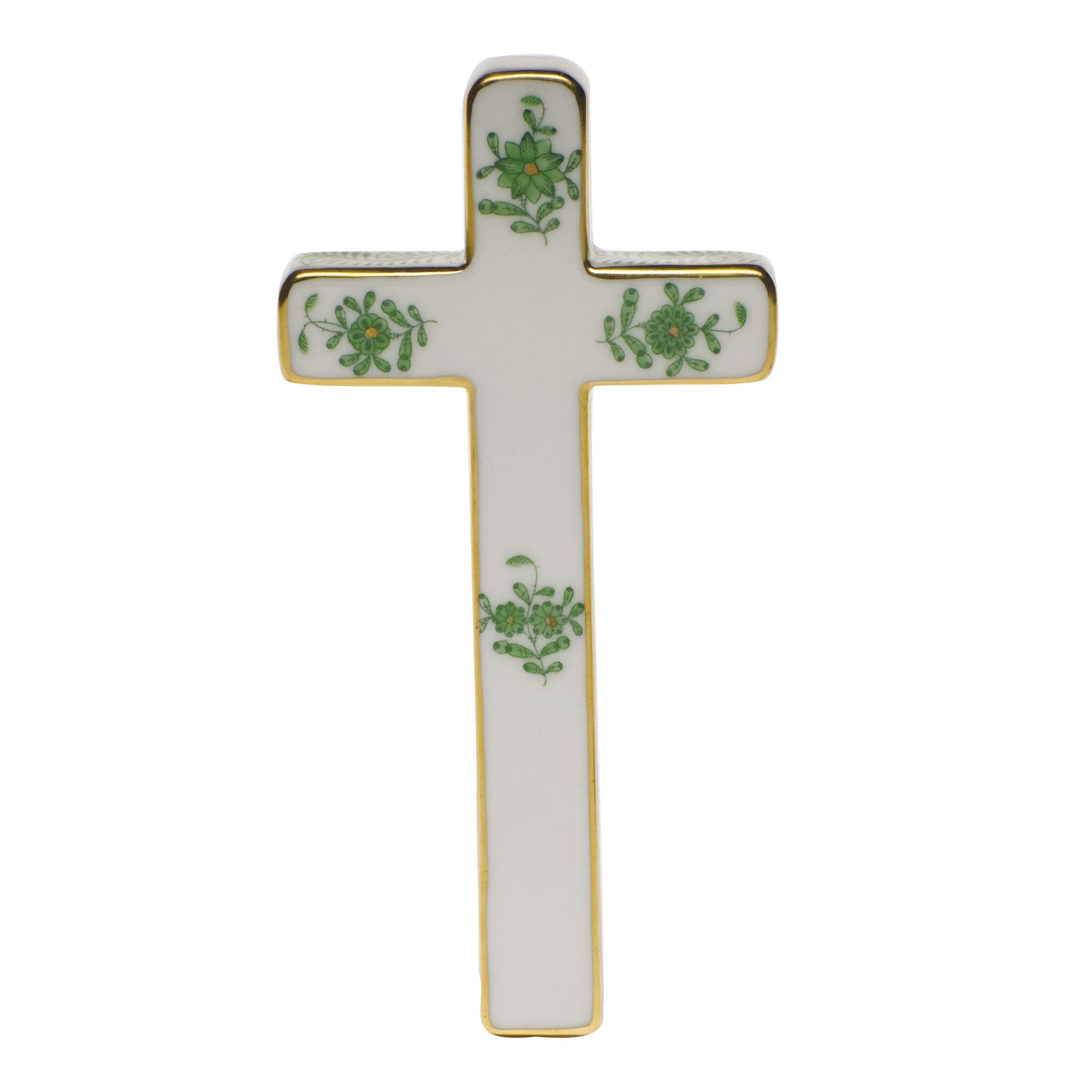 Hand-painted Herend Cross Figurine in Green fishnet porcelain on a white background