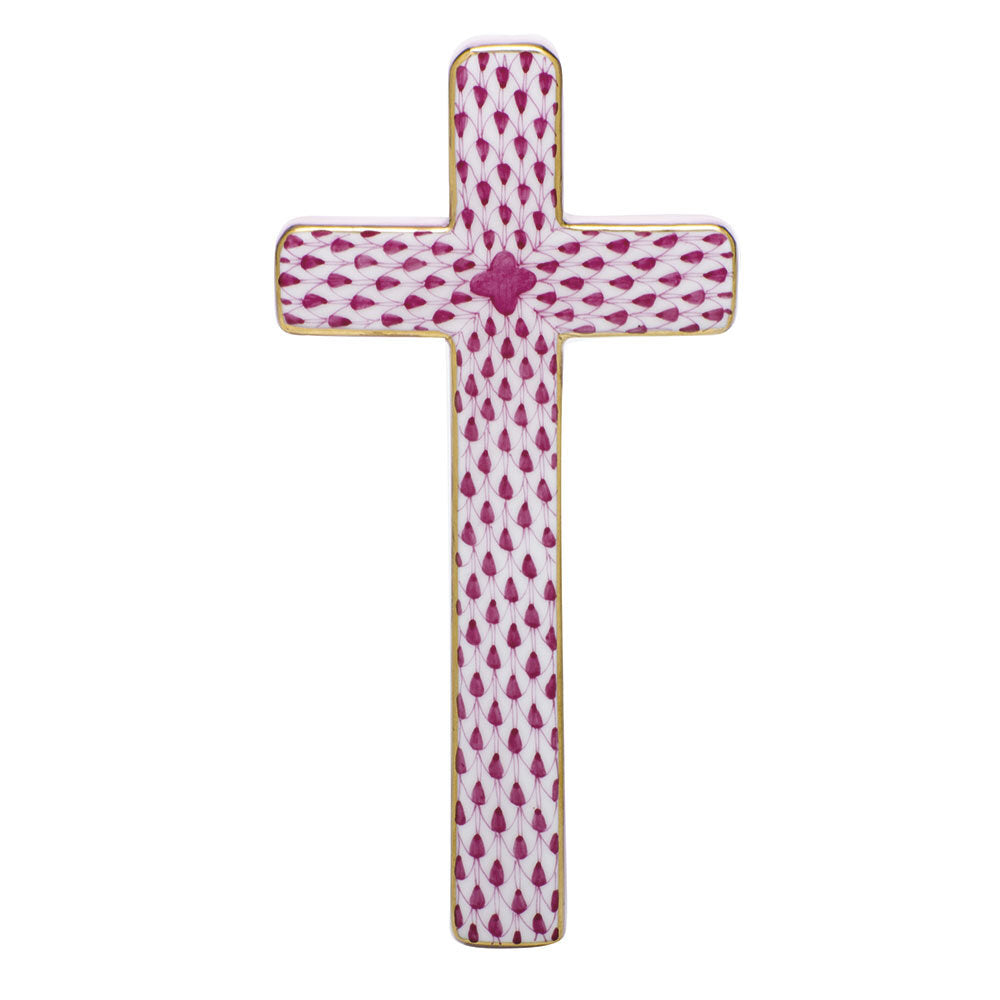 Herend Cross Figurine porcelain figurine painted in the Raspberry fishnet pattern