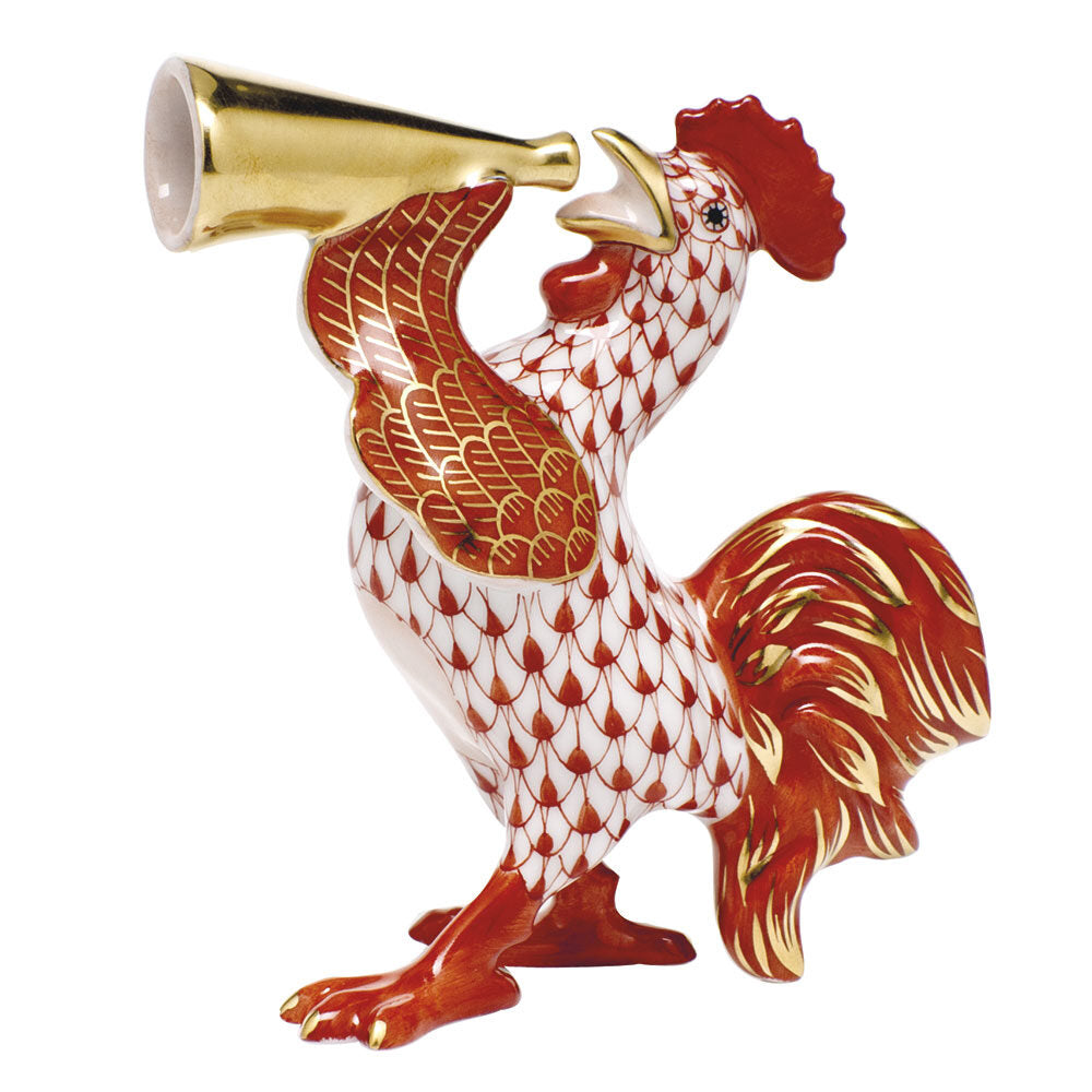 Hand-painted Herend Crowing Rooster Figurine in fine porcelain, 3.25in L X 3.5in H, on a white background