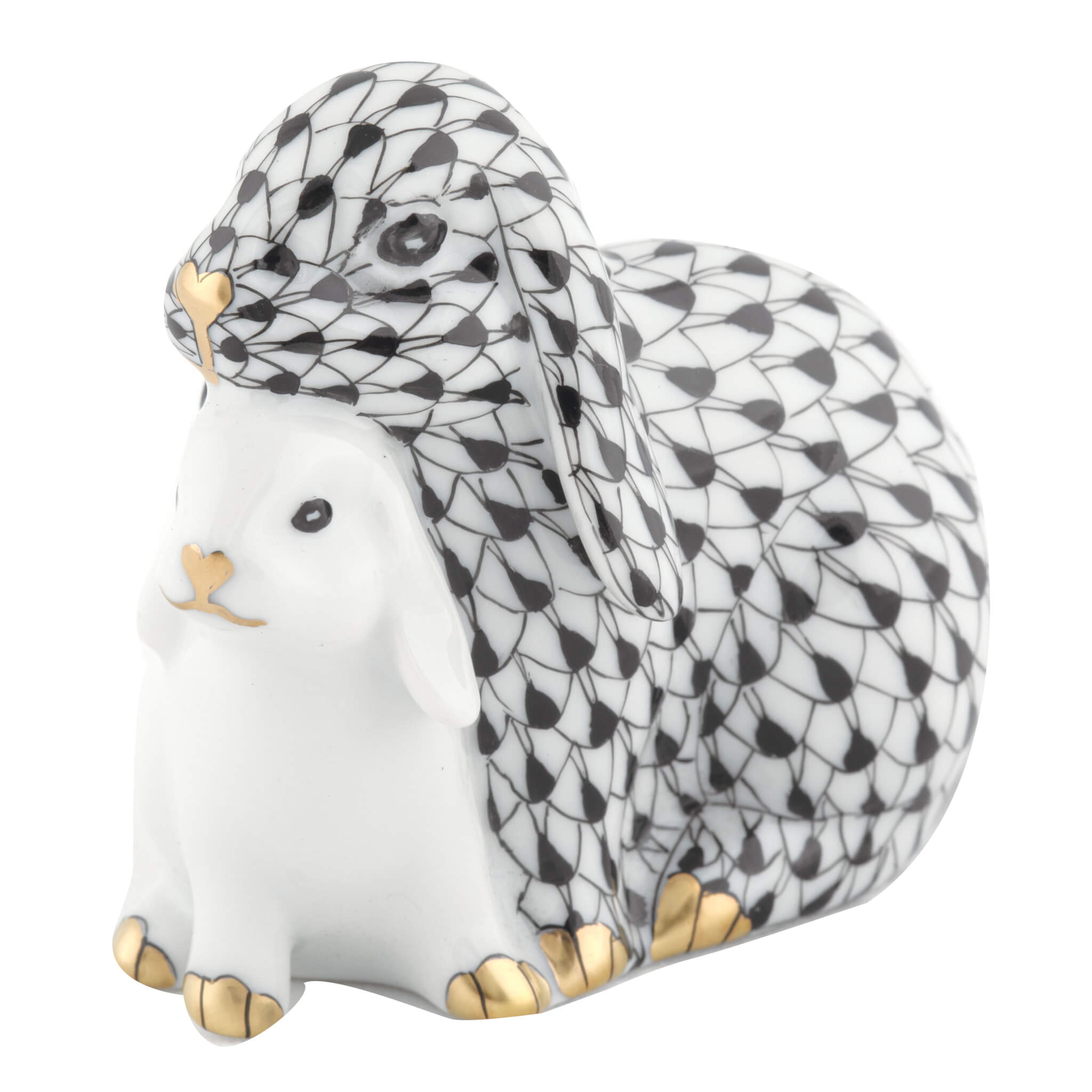 Herend Cuddling Bunnies figurine in Black with black fishnet pattern with gold accents on a white background