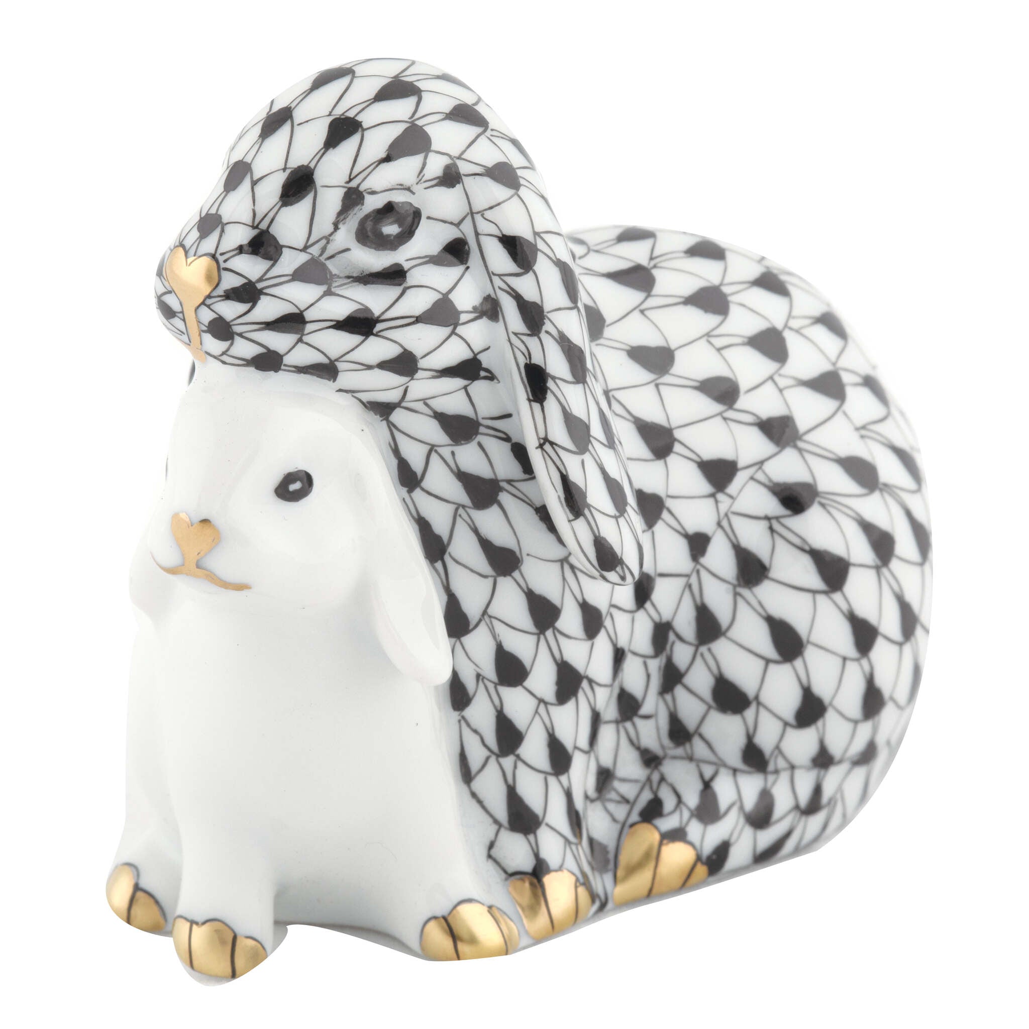 Cuddling Bunnies Figurine in hand-painted Black porcelain by Herend of Hungary