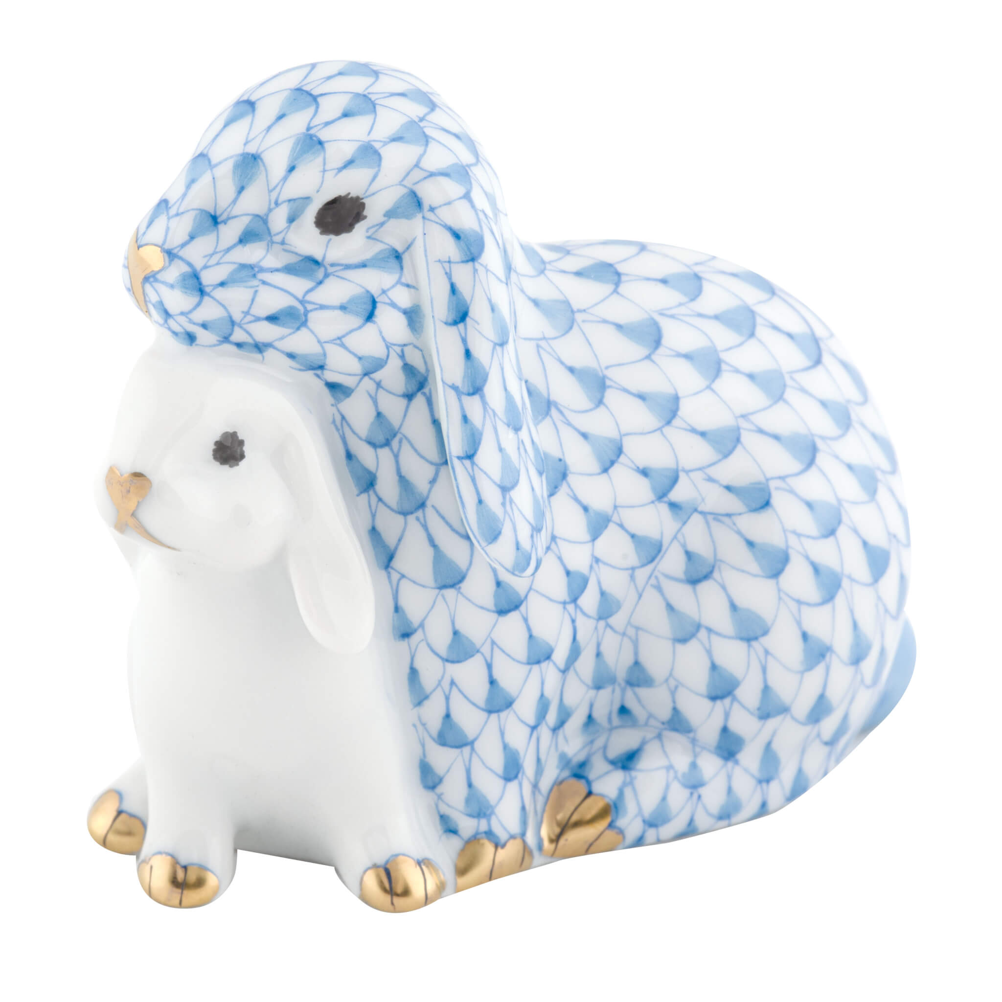 Herend Cuddling Bunnies figurine in Blue with blue fishnet pattern with gold accents on a white background