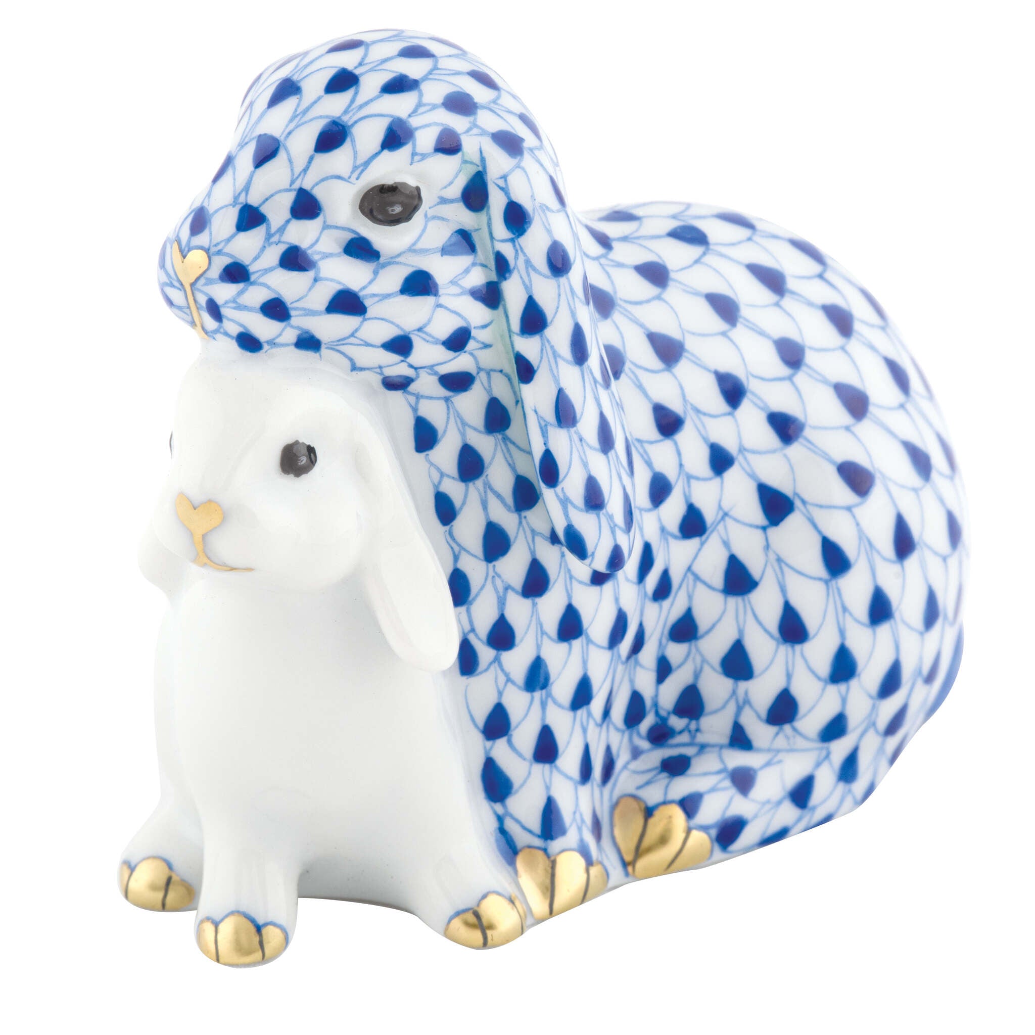 Hand-painted Herend Cuddling Bunnies Figurine in Sapphire fishnet porcelain on a white background