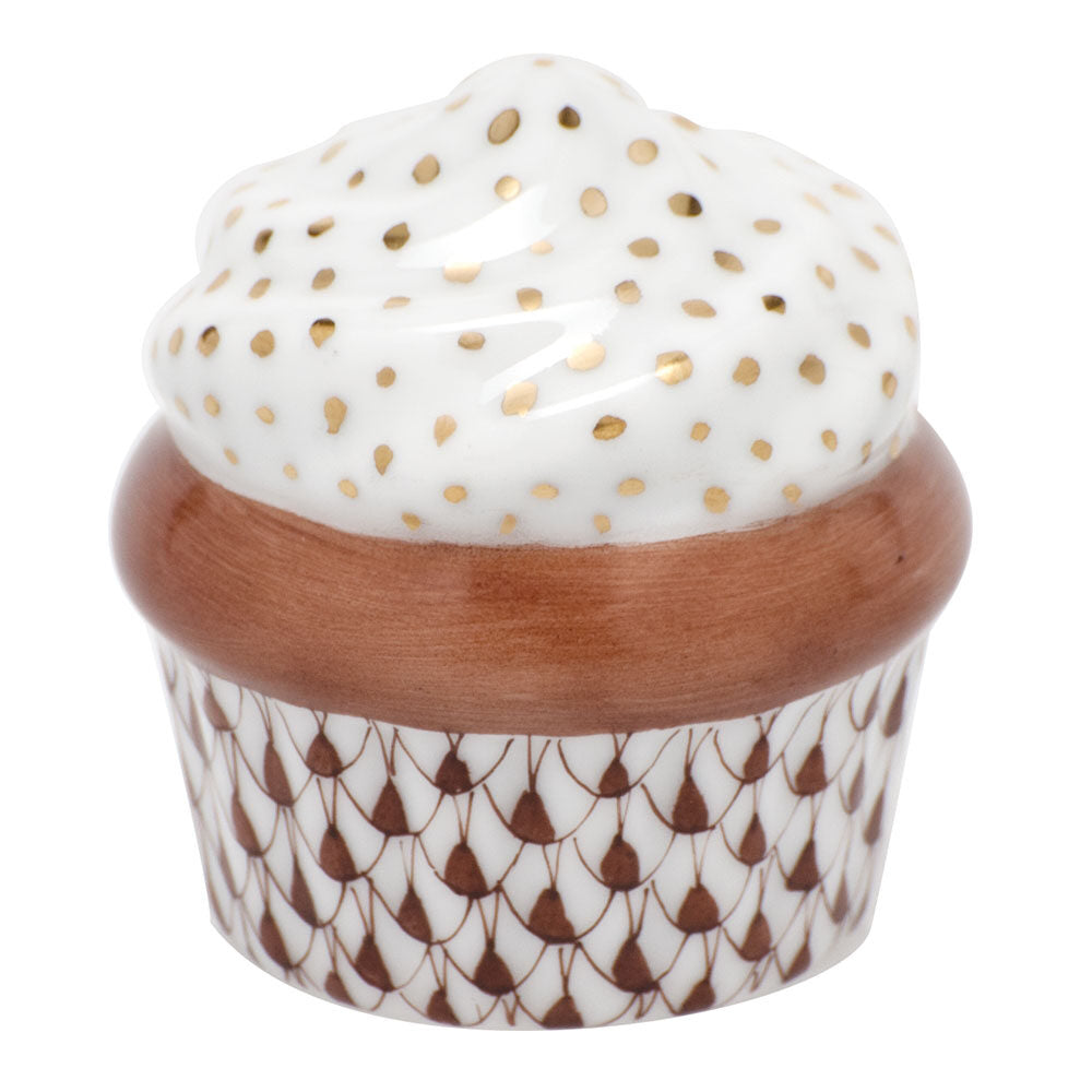 Hand-painted Herend Cupcake Figurine in Chocolate fishnet porcelain on a white background