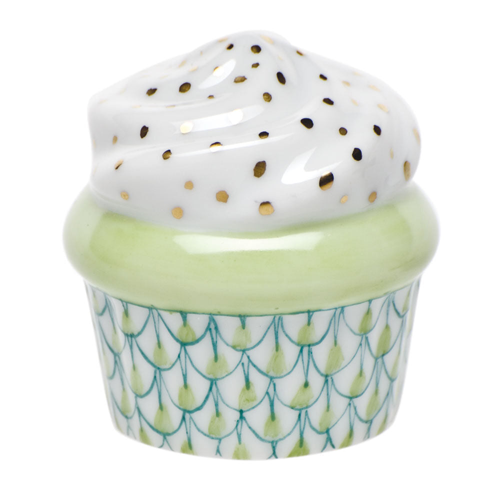 Hand-painted Herend Cupcake Figurine in Key Lime fishnet porcelain on a white background