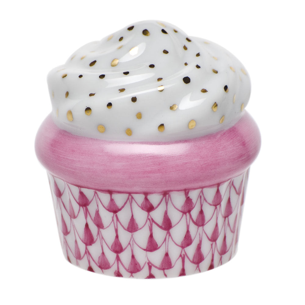 Hand-painted Herend Cupcake Figurine in Raspberry fishnet porcelain on a white background