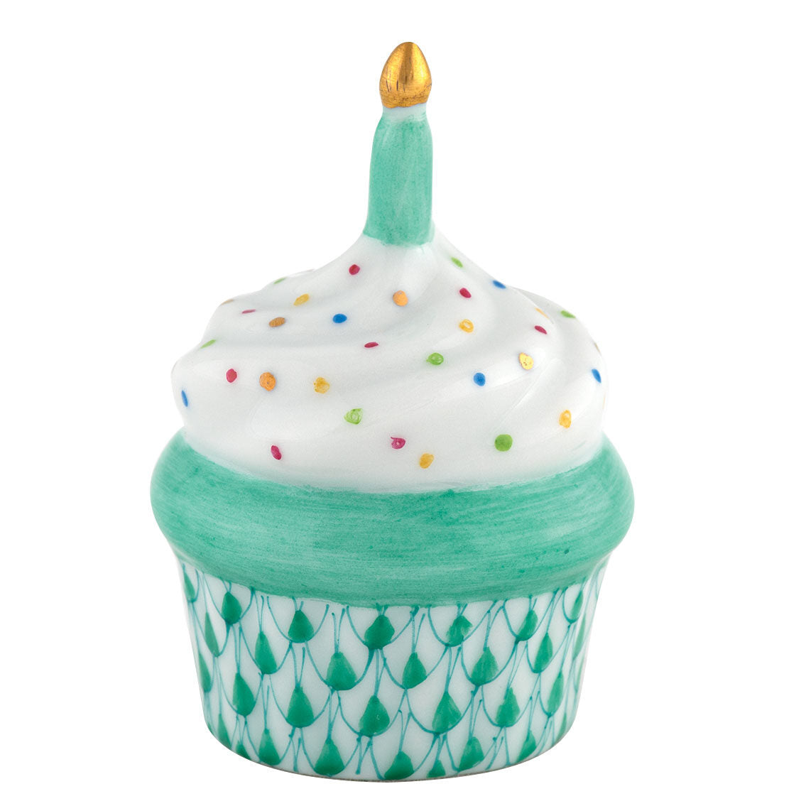 Cupcake with Candle Figurine in hand-painted Green porcelain by Herend of Hungary