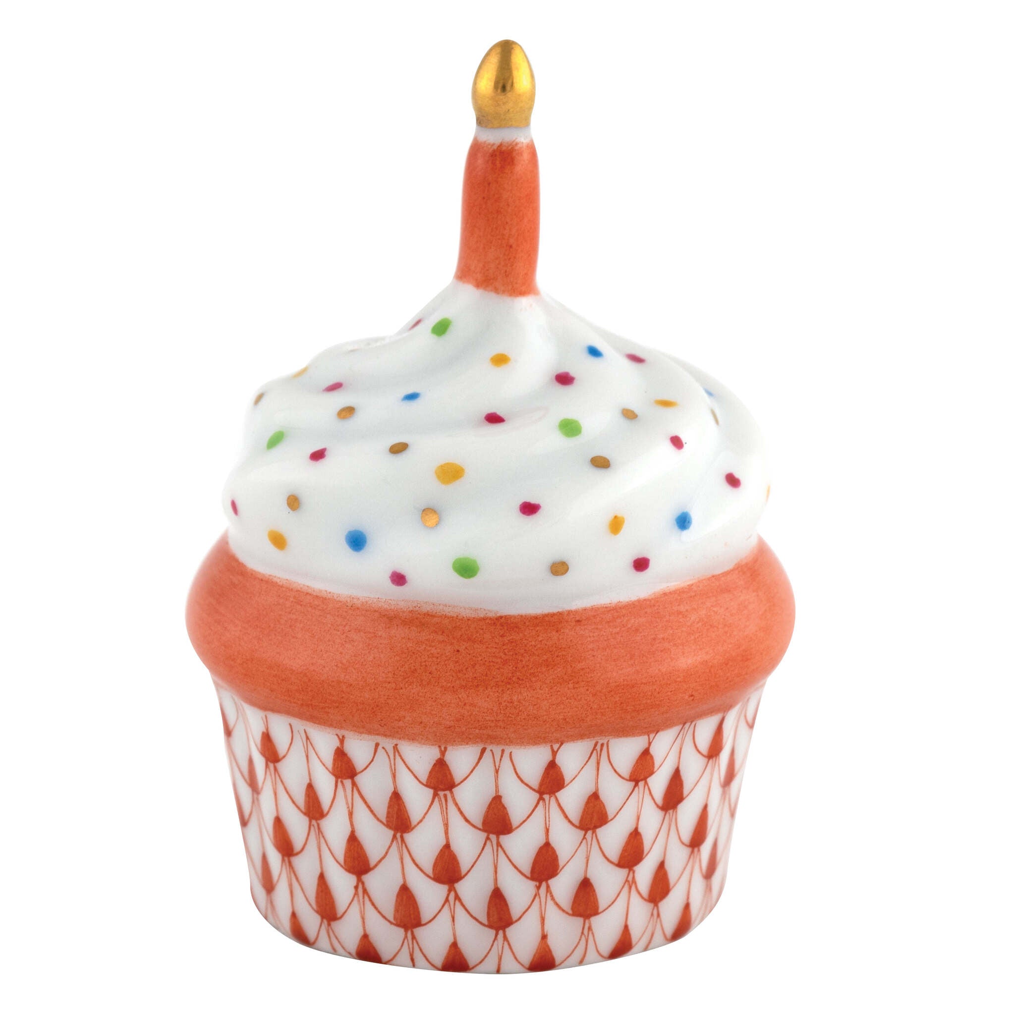 Rust fishnet Cupcake with Candle Figurine figurine, hand-painted Herend porcelain with 24k gold accents