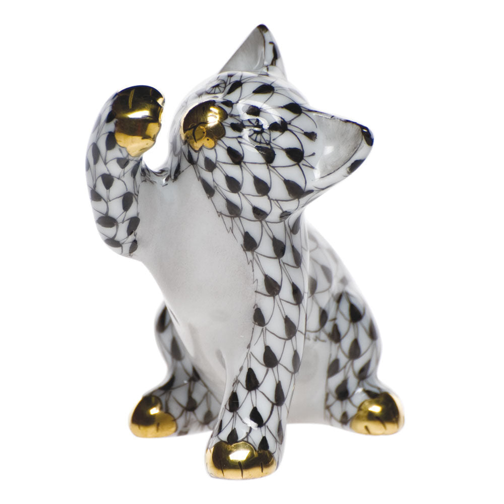 Hand-painted Herend Curious Cat Figurine in Black fishnet porcelain on a white background