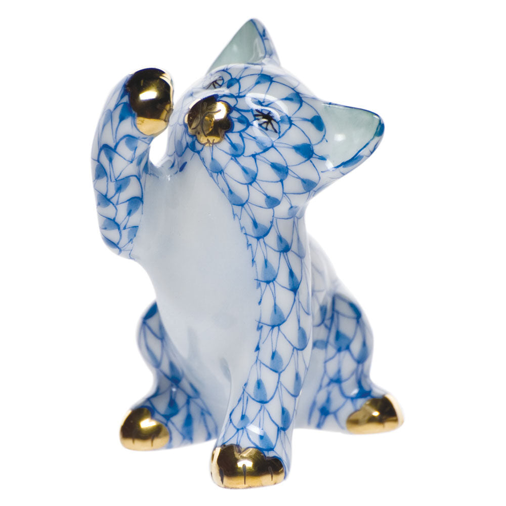 Curious Cat Figurine in hand-painted Blue porcelain by Herend of Hungary