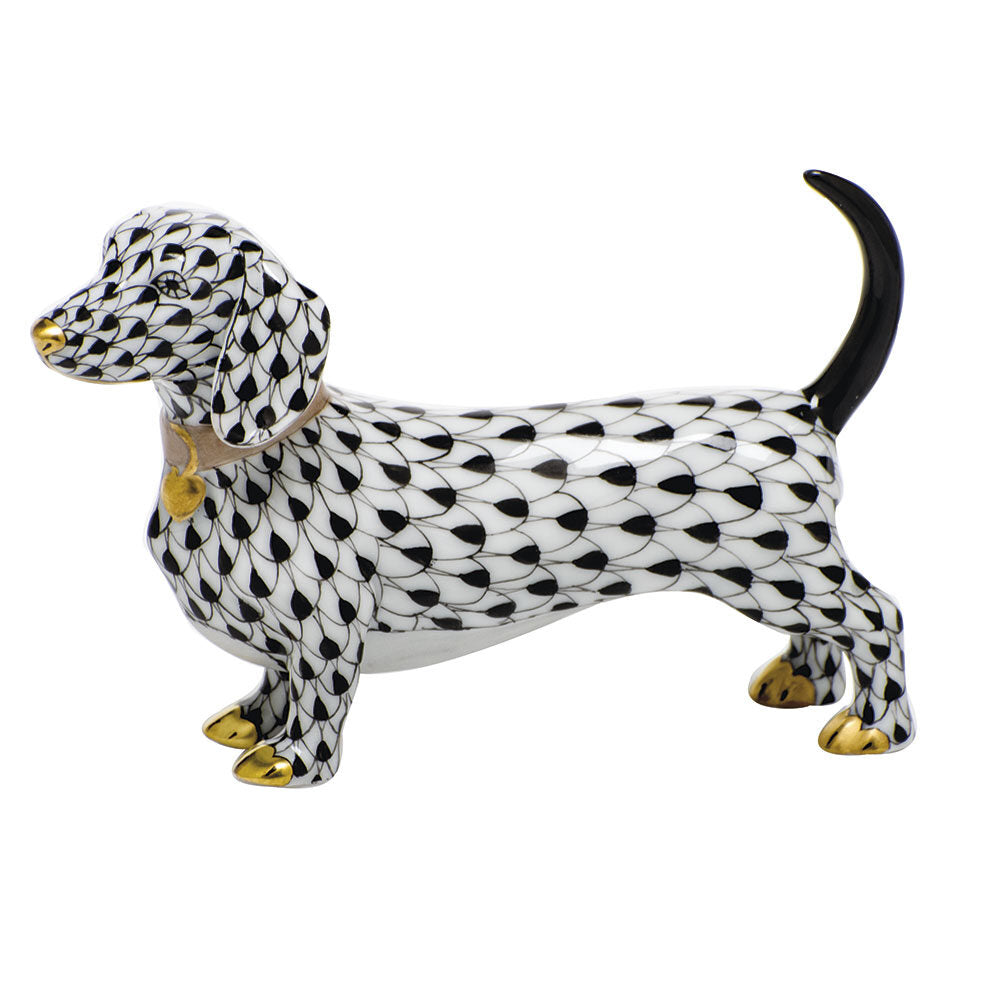 Black fishnet Dachshund Figurine figurine, hand-painted Herend porcelain with 24k gold accents