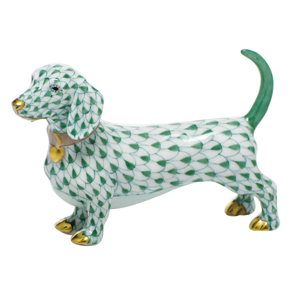 Green fishnet Dachshund Figurine figurine, hand-painted Herend porcelain with 24k gold accents