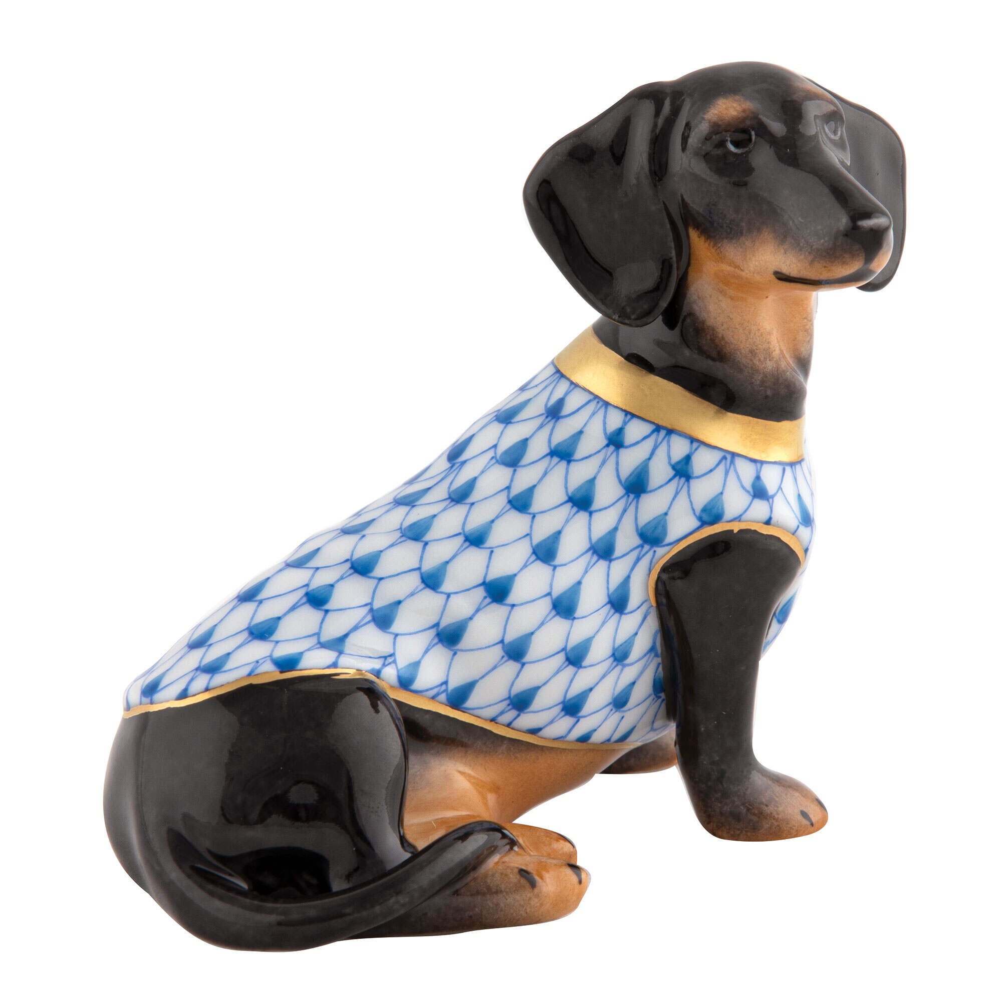 Blue fishnet Dachshund with Sweater Figurine figurine, hand-painted Herend porcelain with 24k gold accents