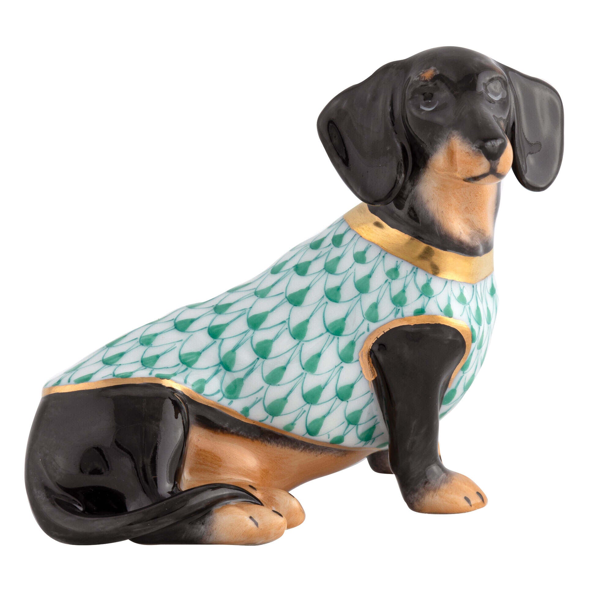 Green fishnet Dachshund with Sweater Figurine figurine, hand-painted Herend porcelain with 24k gold accents