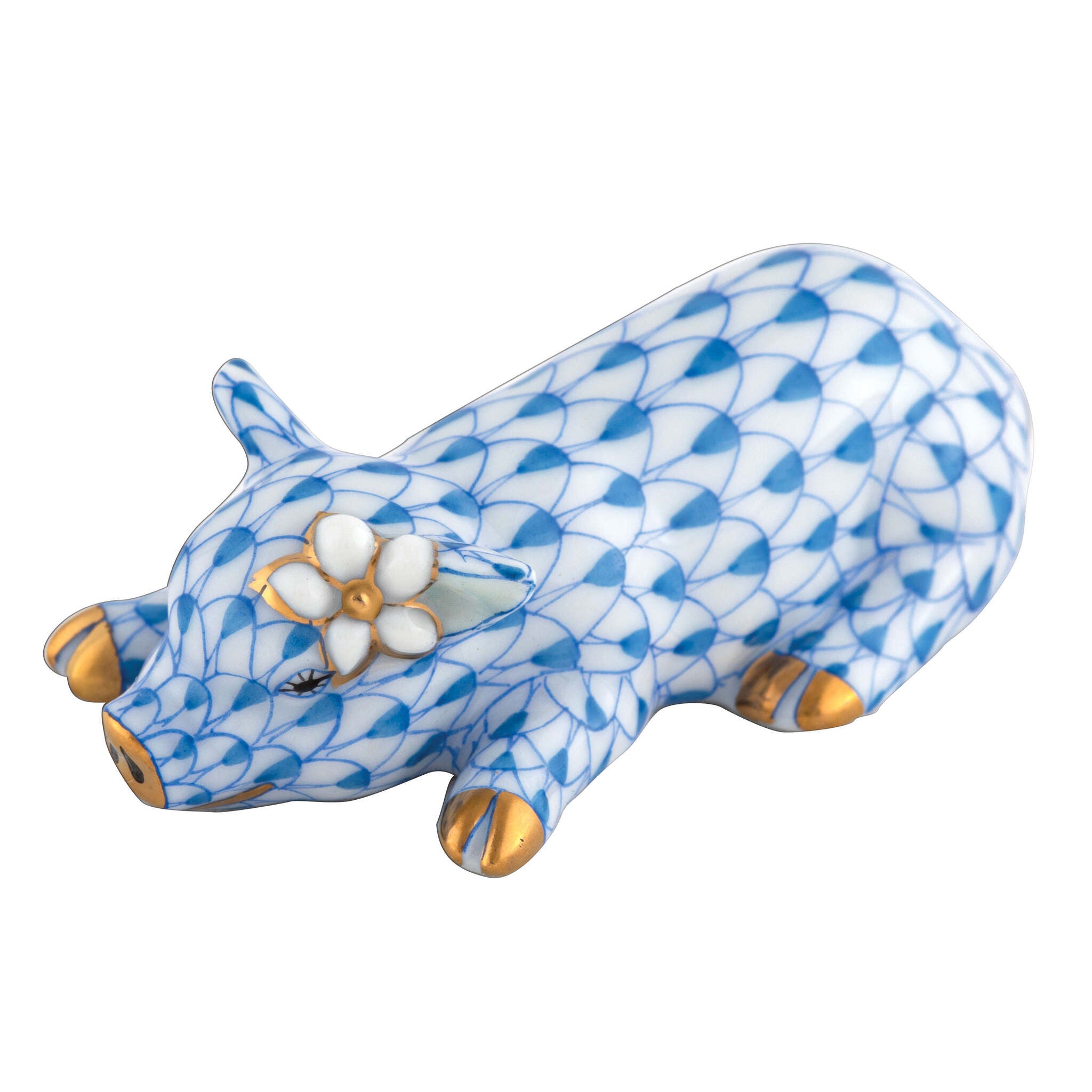 Herend Daisy the Pig Figurine porcelain figurine painted in the Blue fishnet pattern