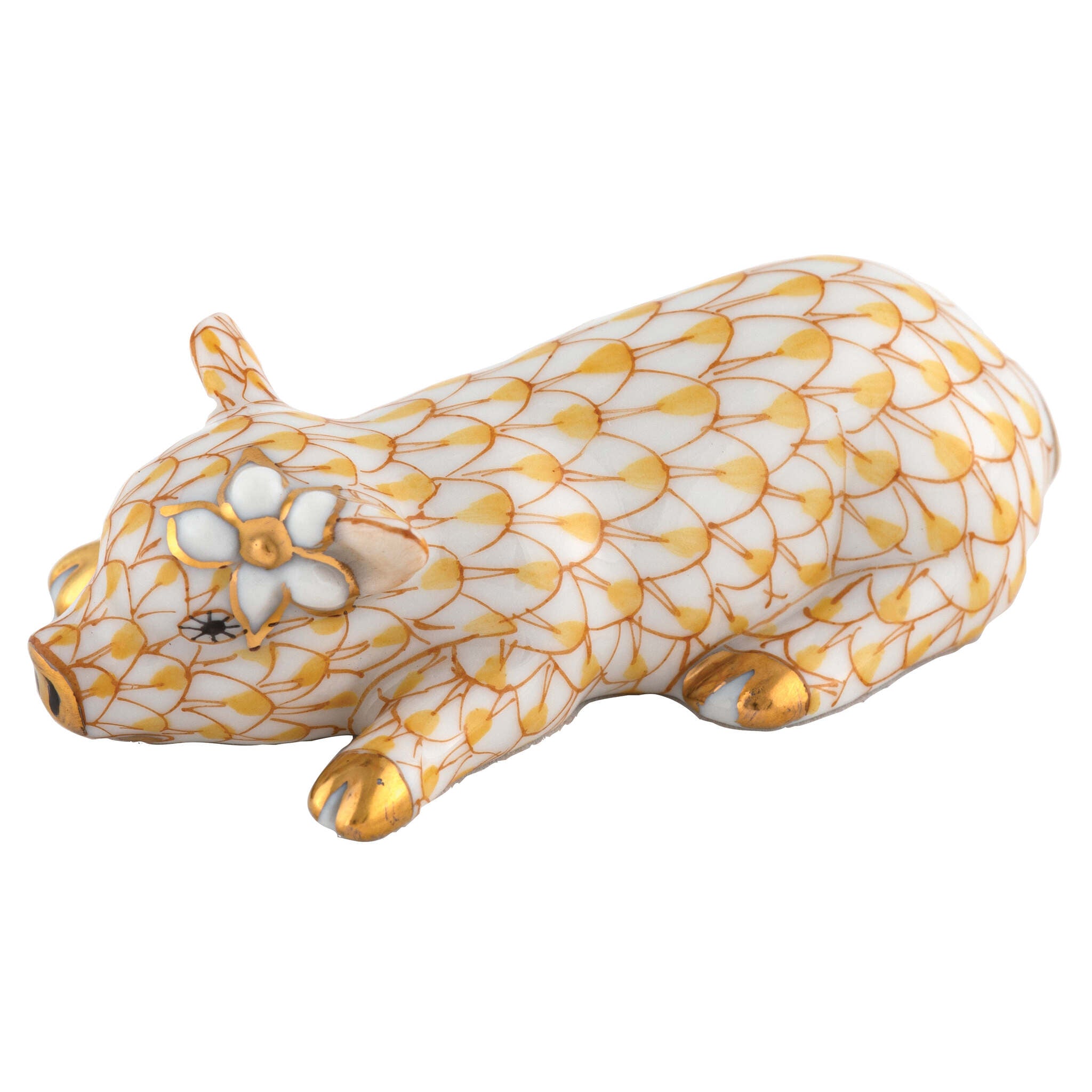 Butterscotch fishnet Daisy the Pig Figurine figurine, hand-painted Herend porcelain with 24k gold accents