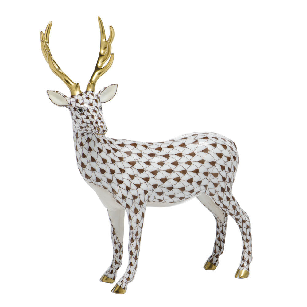 Hand-painted Herend Deer Figurine in Chocolate fishnet porcelain on a white background